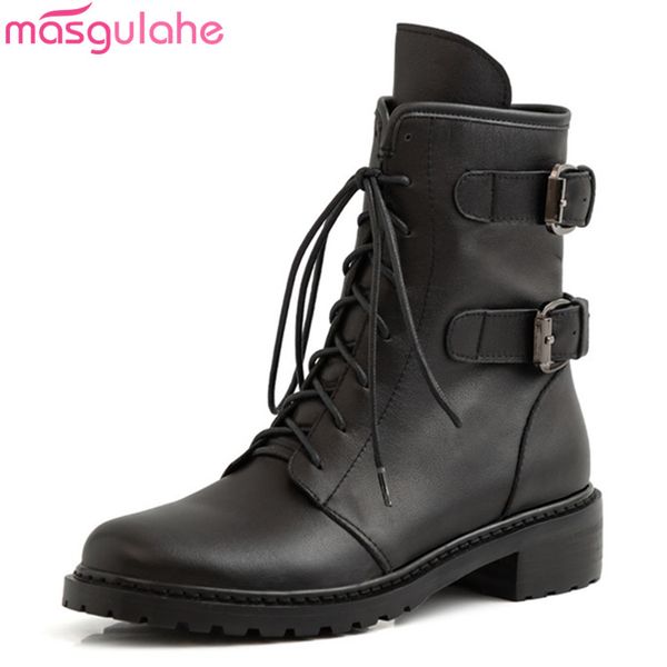 masgulahe 2020 autumn winter genuine leather fashion ankle boots low heel round toe buckle black color women boots